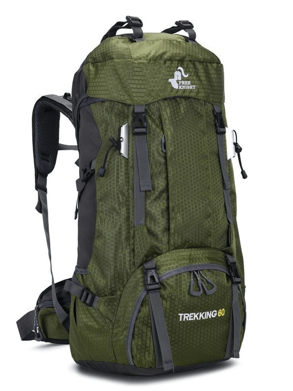 Green large travel backpack with rain cover and ergonomic design, ideal for men and women. Model SF0389